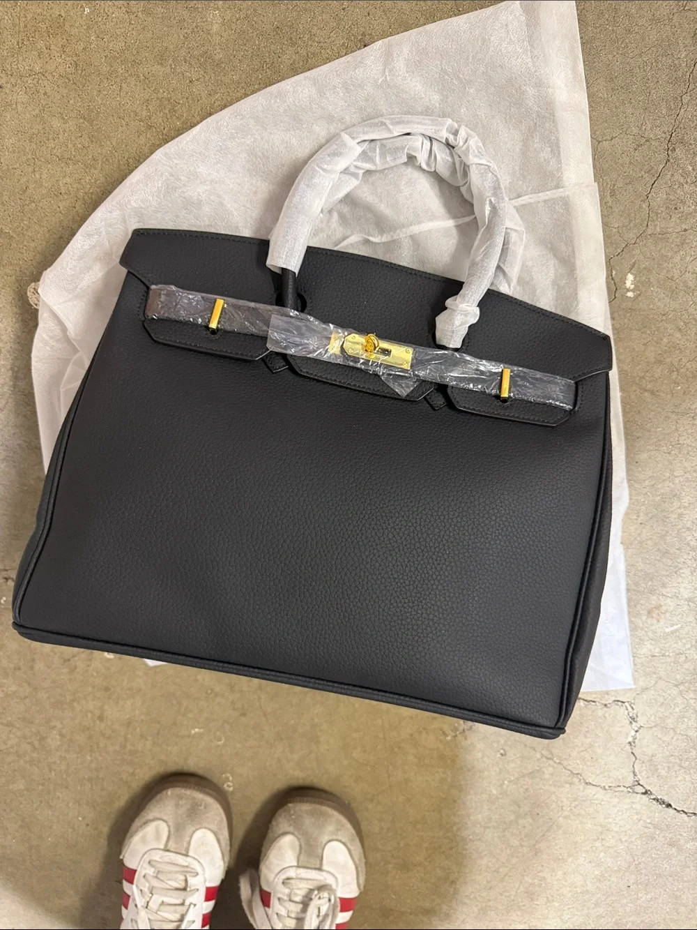 Black Leather Top-Handle Tote Bag with Gold Hardware